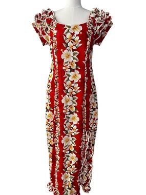 Lava Hut Hawaiian Maxi Dress Red Tropical Floral Ruffle Cotton Made in Hawaii US